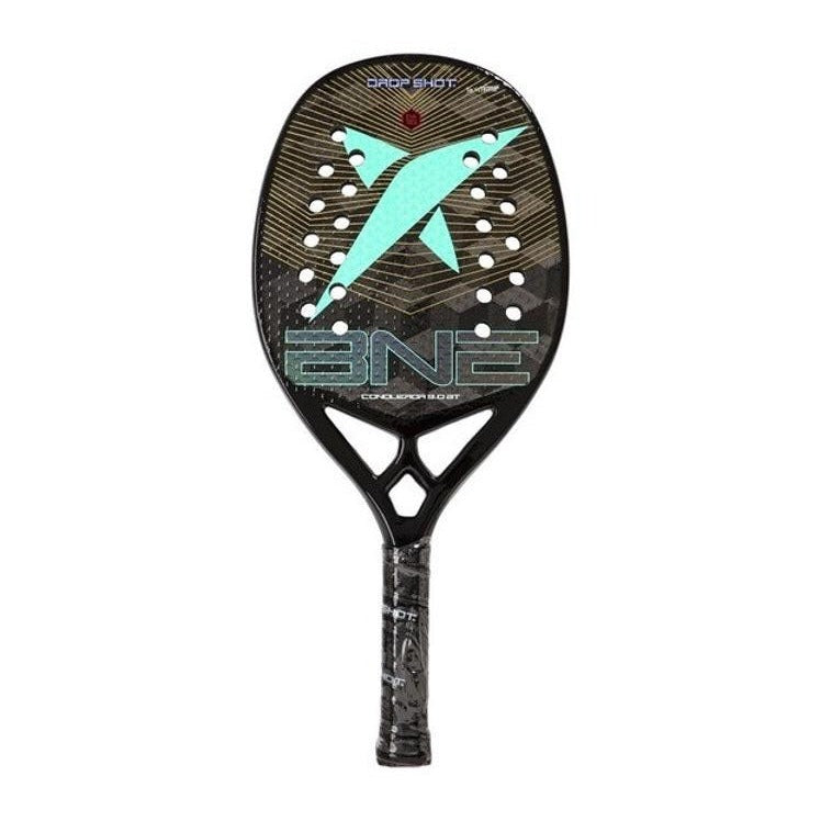 iambeachtennis BT Shop - Drop Shot Sports Brand year 2021 BT paddle. The Racket model is a Drop Shot CONQUEROR BT 9.0 Advanced/Professional Beach Tennis racket - vertical orientation view of the racket/ raquete. 