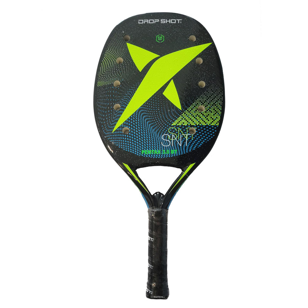 iambeachtennis BT Shop - Drop Shot Sports Brand year 2022 BT paddle. The Racket model is a Drop Shot PENTAX 3.0 BT Intermediate Beach Tennis racket - vertical orientation view of the racket/ raquete.