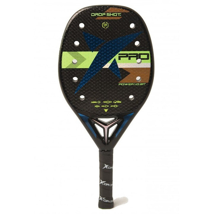 iambeachtennis BT Shop - Drop Shot Sports Brand year 2021 BT paddle. The Racket model is a Drop Shot POWER 1.0 BT Advanced/Professional Beach Tennis racket - vertical orientation view of the racket/ raquete. 