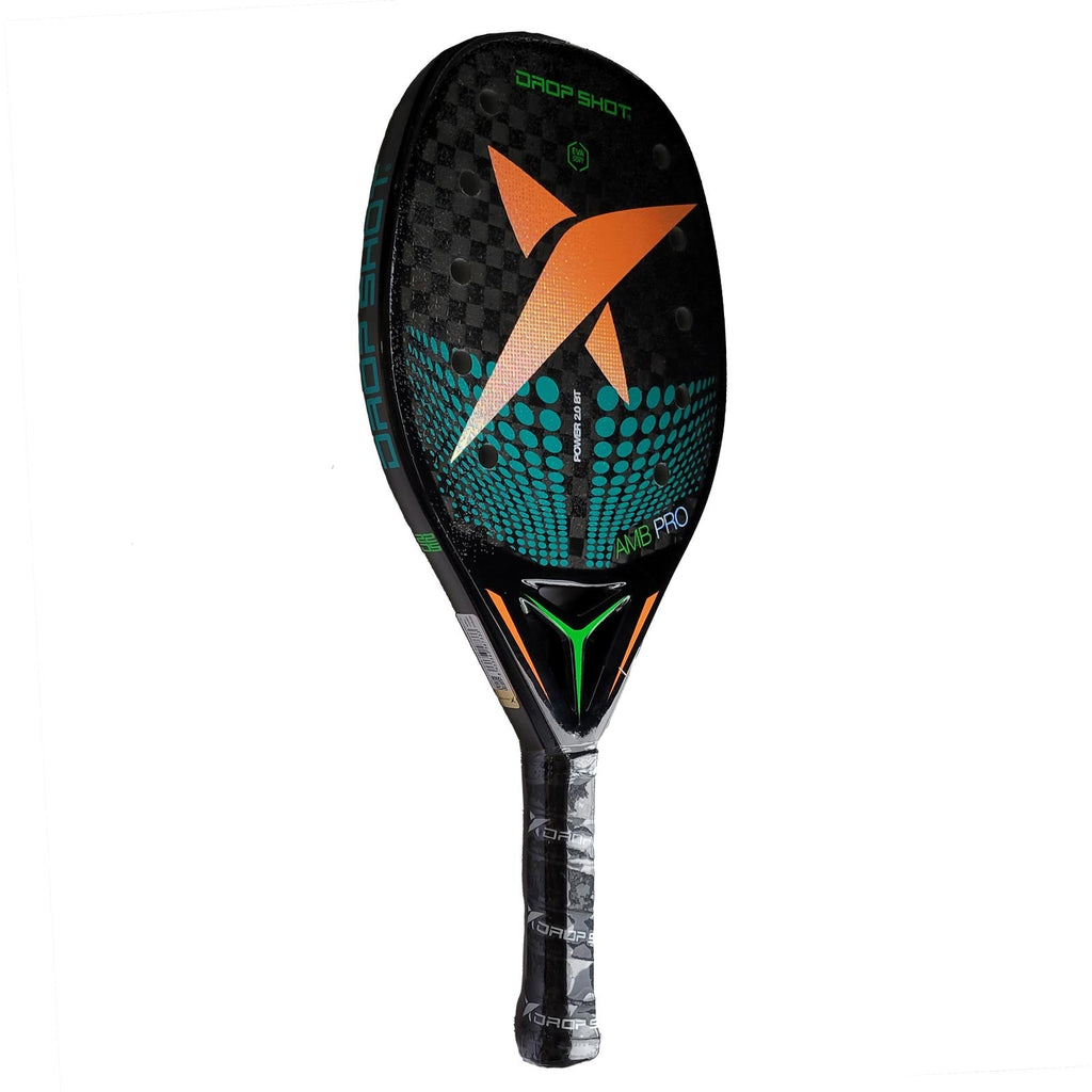 iambeachtennis BT Shop - Drop Shot Sports Brand year 2022 BT paddle. The Racket model is a Drop Shot POWER 2.0 BT Advanced/Professional Beach Tennis racket - vertical orientation view of the racket/ raquete. Side View