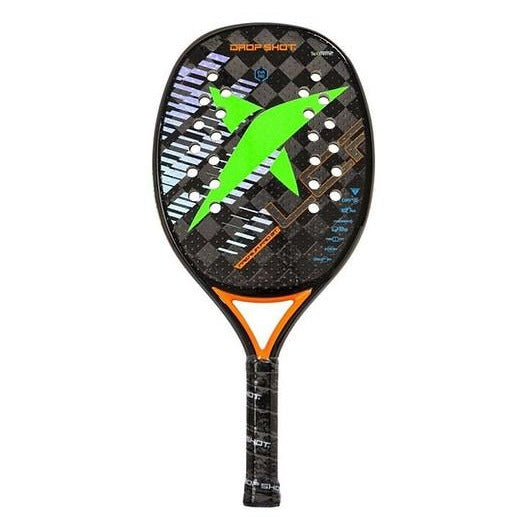 iambeachtennis BT Shop - Drop Shot Sports Brand year 2021 BT paddle. The Racket model is a Drop Shot PREMIUM PRO BT Advanced/Professional Beach Tennis racket - vertical orientation view of the racket/ raquete. 