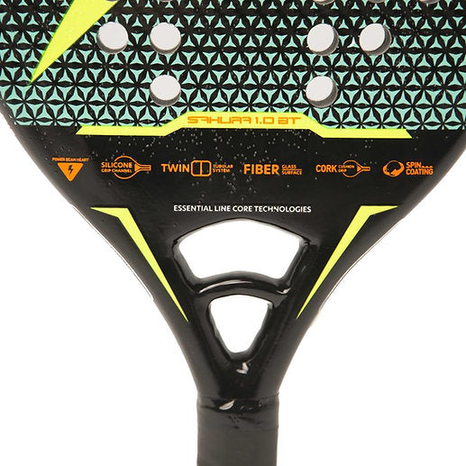 iambeachtennis BT Store - Drop Shot Sports Brand year 2021 BT paddle. The Racket model is a Drop Shot SAKURA 1.0 BT Intermediate Advanced/Professional Beach Tennis racket - stem view of the racket / raquet. 