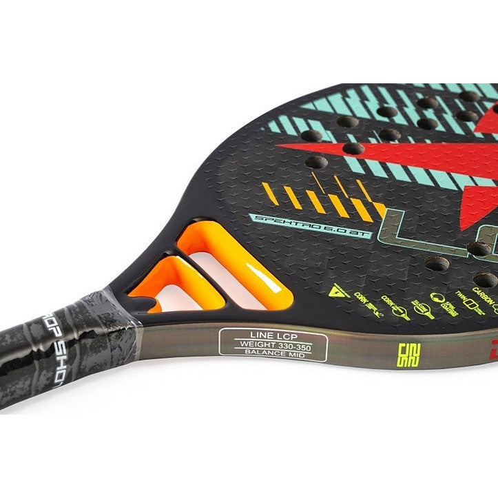 iambeachtennis BT Store - Drop Shot Sports Brand year 2021 BT paddle. The Racket model is a Drop Shot SPEKTRO 6.0 BT Advanced/Professional Advanced/Professional Beach Tennis racket - stem view of the racket / raquet. 