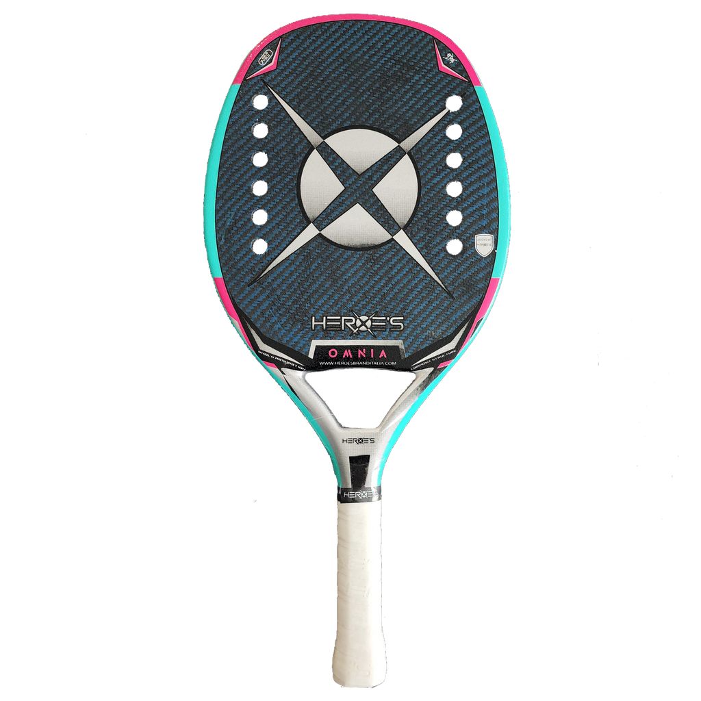 iamBeachTennis online store - Heroe's Brand Italia Beach Tennis Paddle, year 2022. The racquet model is a Heroes BT #OMNIA Advanced/Professional beach tennis racket / raquete. Vertical view of the racket / raquet.