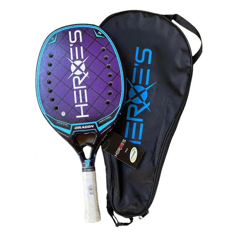 iambeachtennis BT Shop - Heroes Beach Tennis Brand year 2022 BT paddle. The Racket model is a Heroes Dragon 2022 Advanced/Professional Beach Tennis racket - vertical orientation view of the racket/ raquete with cover bag