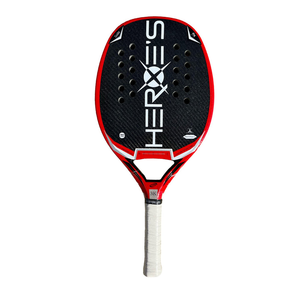 iamBeachTennis online store - Heroe's Brand Italia Beach Tennis Paddle, year 2022. The racquet model is a Heroes REVENGE RED Advanced/Professional beach tennis racket / raquete. Vertical orientation view of racket / raquet.