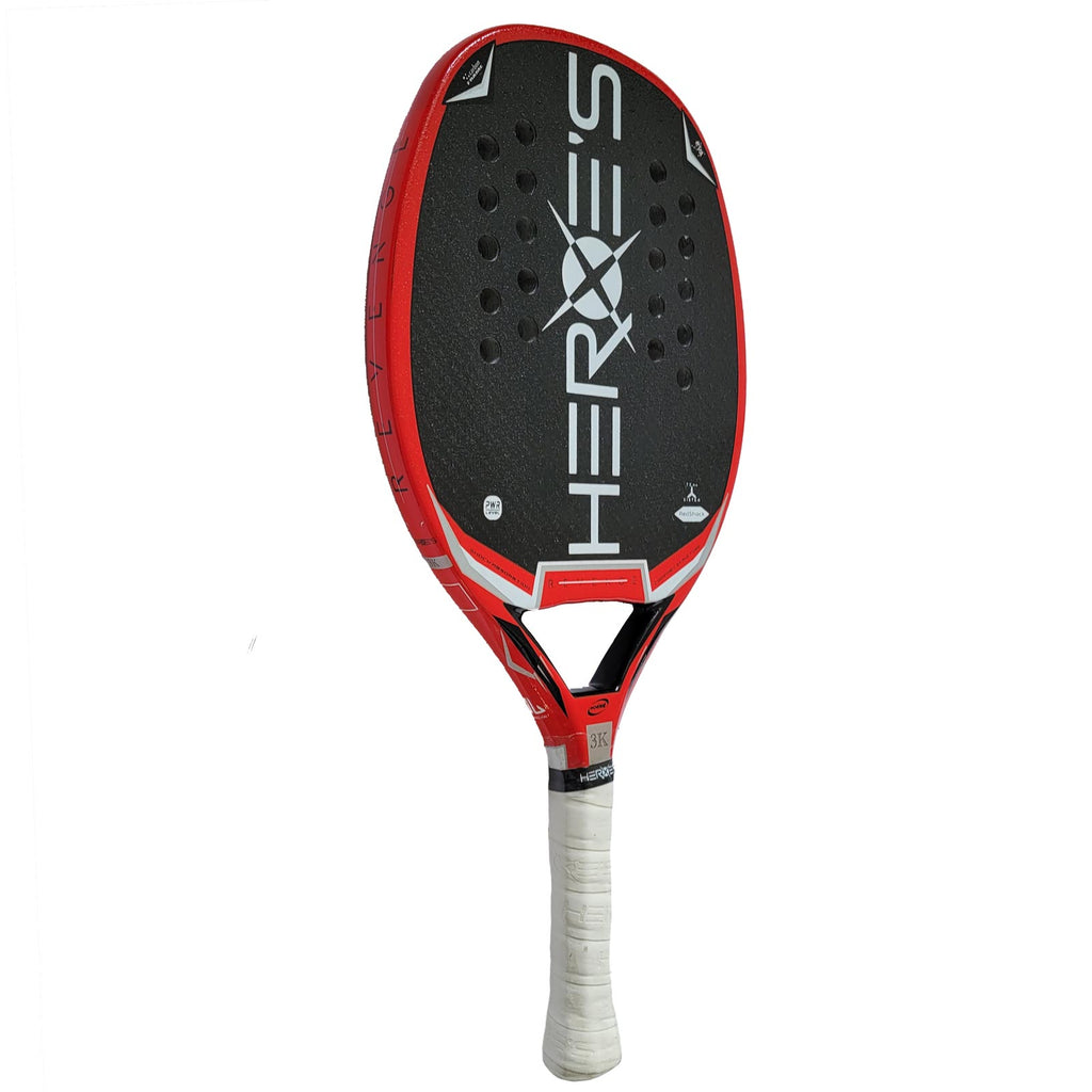 iamBeachTennis online store - Heroe's Brand Italia Beach Tennis Paddle, year 2022. The racquet model is a Heroes REVENGE RED Advanced/Professional beach tennis racket / raquete. Side view of racket / raquet.