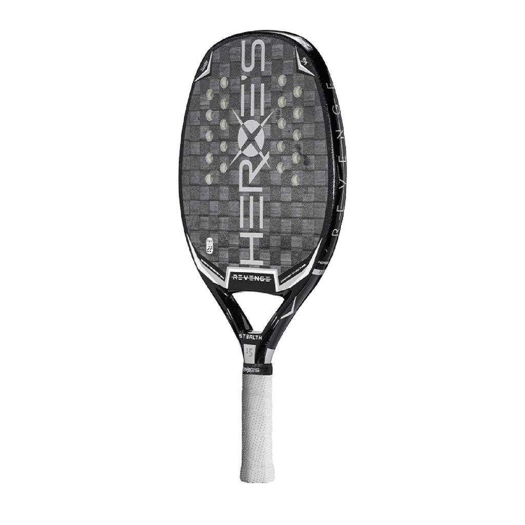 iamBeachTennis online store - Heroe's Brand Italia Beach Tennis Paddle, year 2022. The racquet model is a Heroes REVENGE STEALTH Advanced/Professional beach tennis racket / raquete. Side View of the racket / raquet.