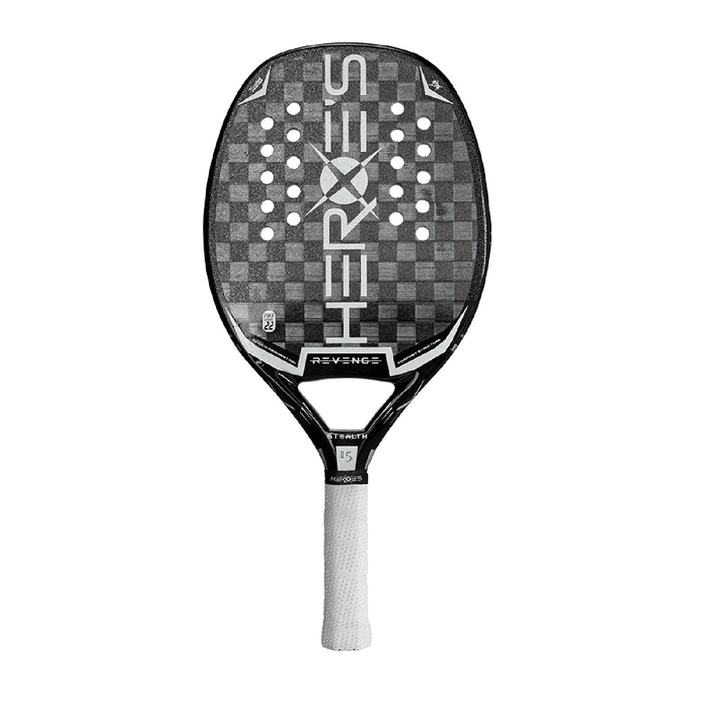 iamBeachTennis online store - Heroe's Brand Italia Beach Tennis Paddle, year 2022. The racquet model is a Heroes REVENGE STEALTH Advanced/Professional beach tennis racket / raquete. Vertical orientation view of racket / raquet.