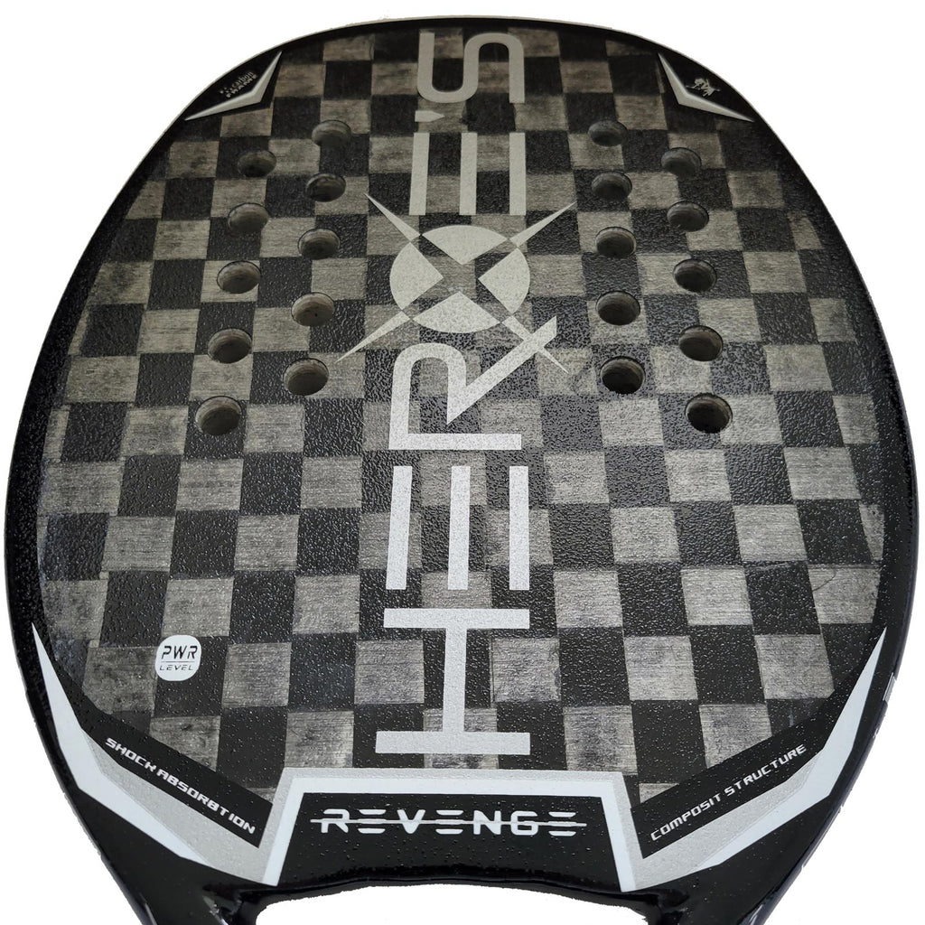 iamBeachTennis online store - Heroe's Brand Italia Beach Tennis Paddle, year 2022. The racquet model is a Heroes REVENGE STEALTH Advanced/Professional beach tennis racket / raquete. Close up face view of the racket / raquet.