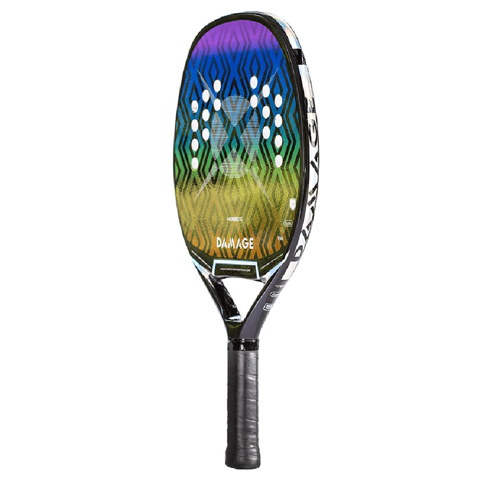 iamBeachTennis miami shop - Heroe's Brand Italia Beach Tennis Paddle, year 2021. The racquet model is a Heroes BT #DAMAGE   Beginner/Intermediate beach tennis racket / raquete.  Side view of the racket / raquet.
