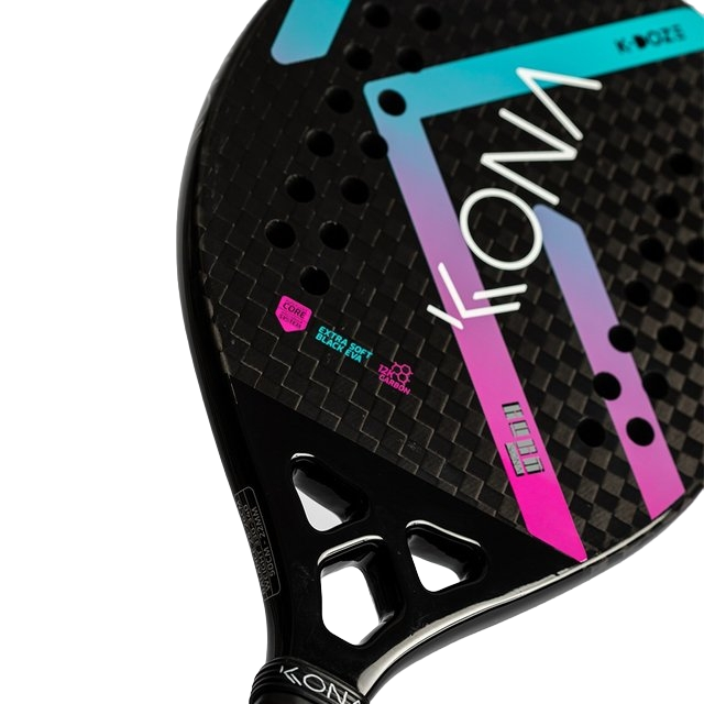 Shop i am Beach Tennis - Kona Beach Tennis Paddle, year 2022. The racquet model is a Kona KDOZE BLUE ORCHID Advanced/Professional beach tennis racket / raquete. Face view of the racket / raquet.