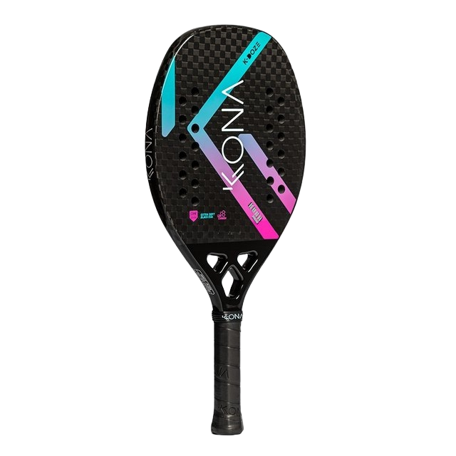 iamBeachTennis Boutique store - Kona Beach Tennis Paddle, year 2022. The racquet model is a Kona KDOZE BLUE ORCHID Advanced/Professional beach tennis racket / raquete. Side view of the racket / raquet.