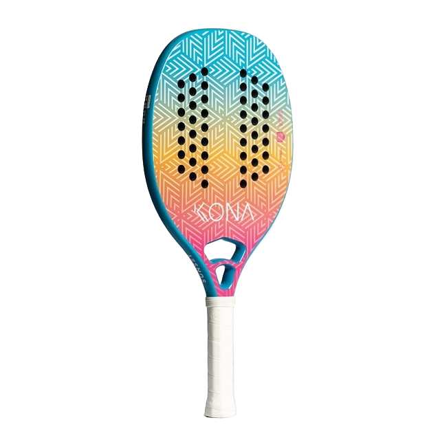 iamBeachTennis Boutique store - Kona Beach Tennis Paddle, year 2022. The racquet model is a Kona SUNSET ORIGINAL Advanced/Professional beach tennis racket / raquete. Side view of the racket / raquet.