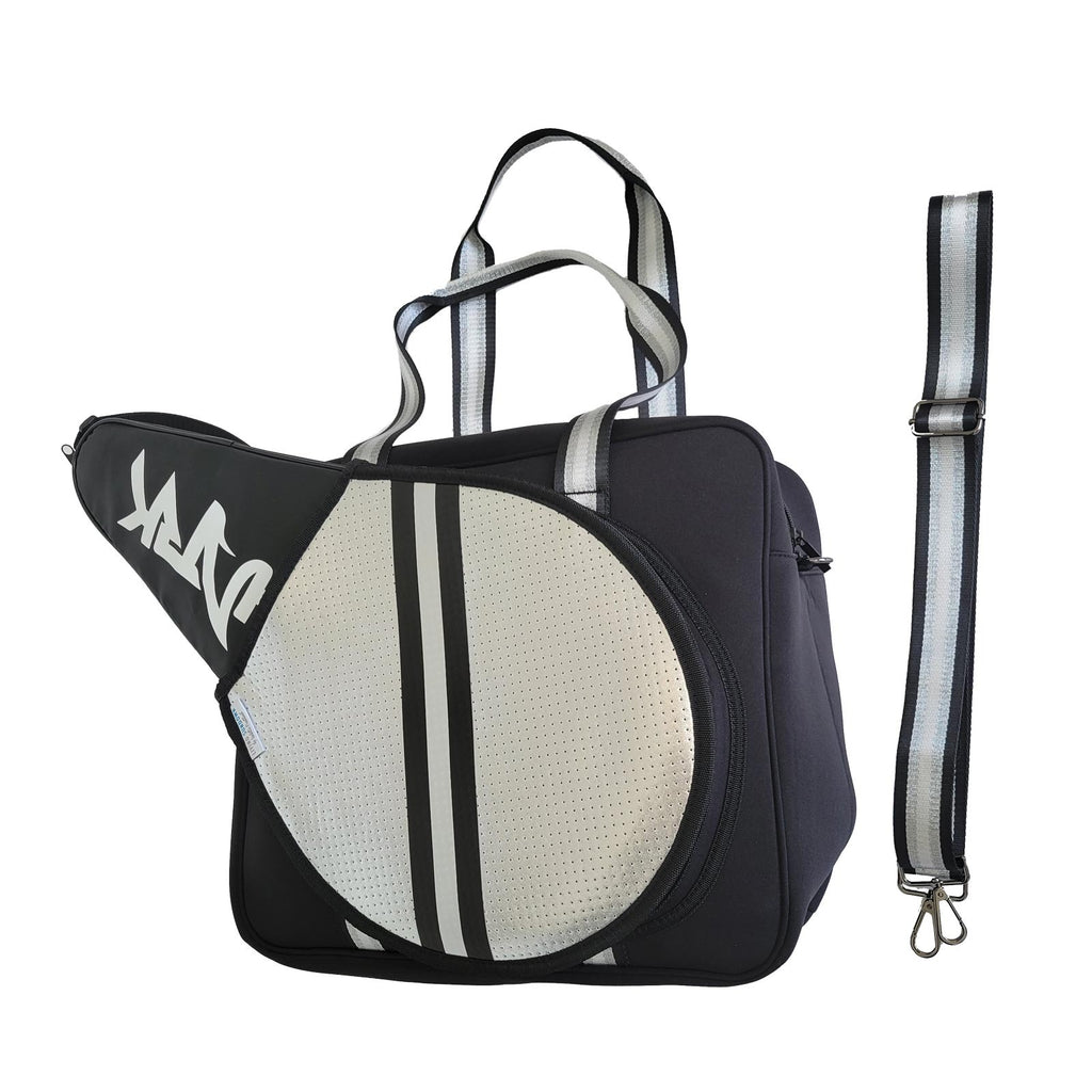iamBeachTennis - Living Sundown Brand womens neoprene racket bag in black and silver - side view of bag.