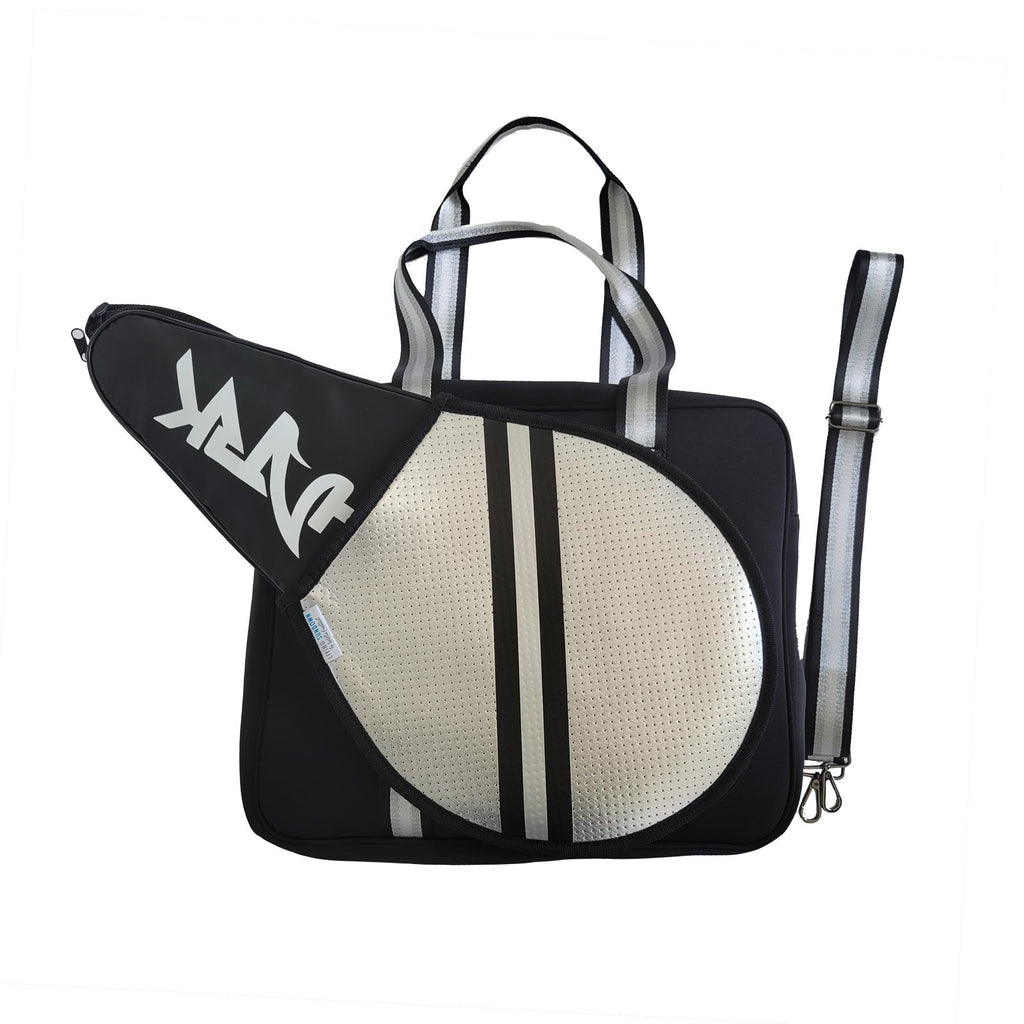 iamBeachTennis - Living Sundown Brand womens neoprene racket bag in black and silver.