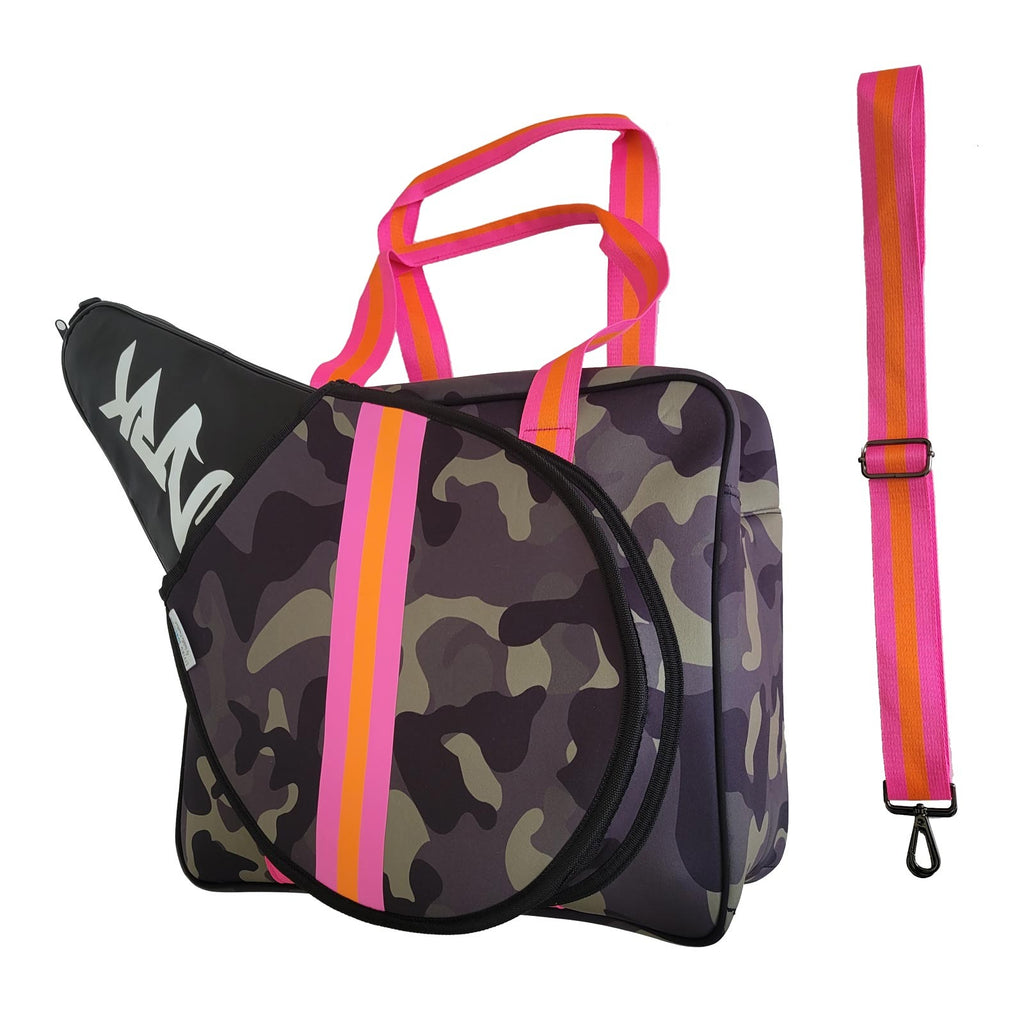 iamBeachTennis - Living Sundown Brand womens neoprene racket bag in brown and pink - side view of bag.