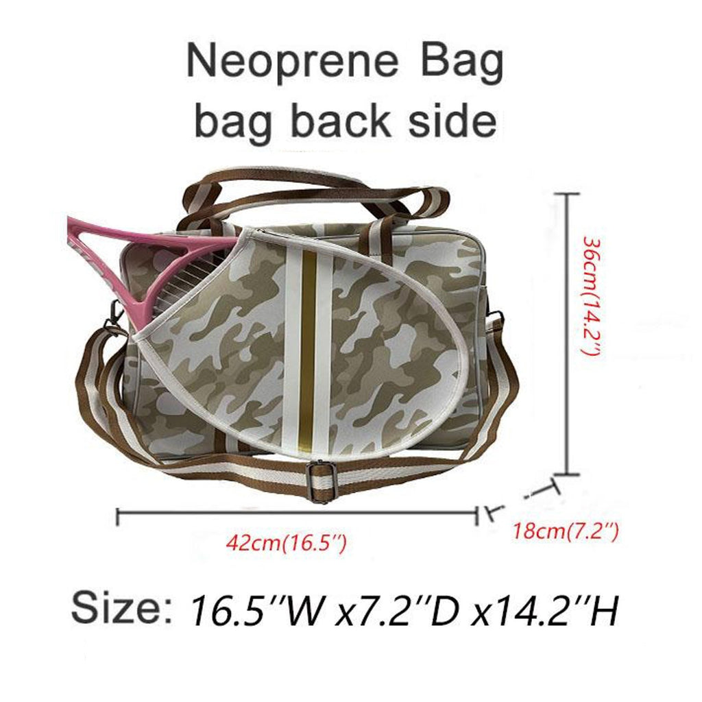 Shop Bags at iamBeachTennis - Living Sundown Brand womens neoprene racket bag - image shows bag and specifications.