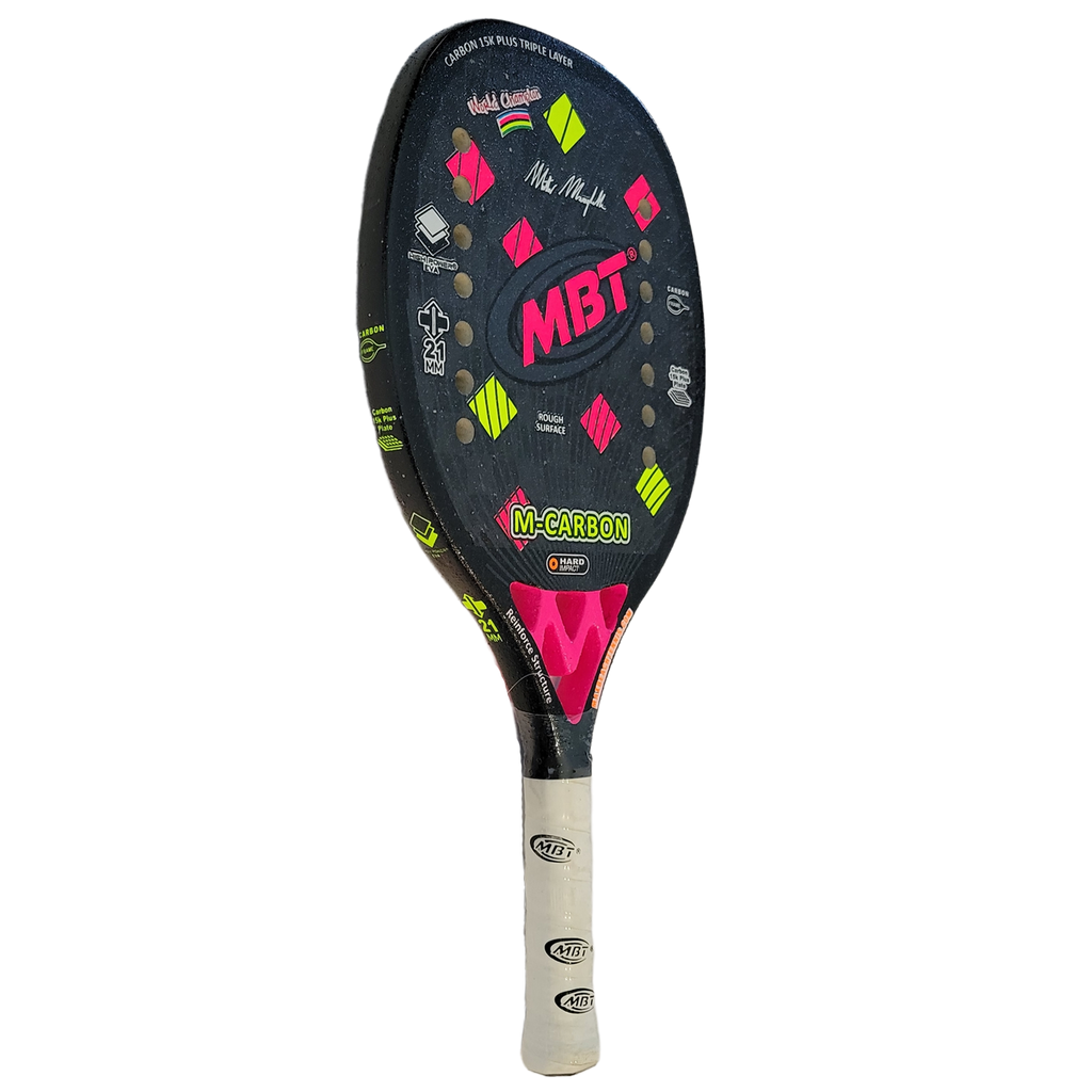iambeachtennis BT Shop - Max Beach Tennis (MBT) Brand year 2022 BT paddle. The Racket model is a Max Beach Tennis (MBT) M-CARBON Advanced/Professional Beach Tennis racket - Vertical side view of the Racchetta / raquete.