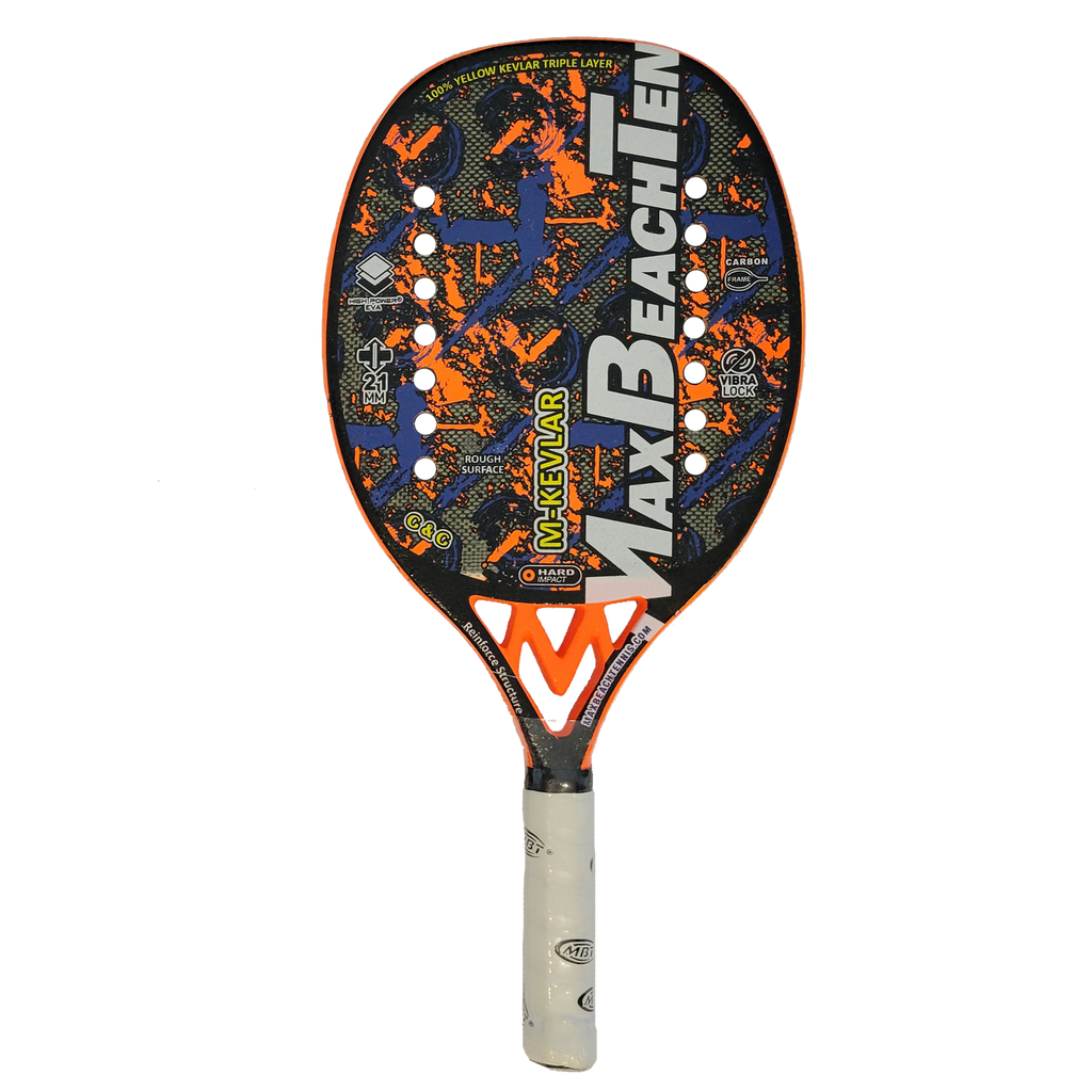 iambeachtennis BT Shop - Max Beach Tennis (MBT) Brand year 2022 BT paddle. The Racket model is a Max Beach Tennis (MBT) M-KEVLAR Advanced/Professional Beach Tennis racket - Vertical view of the Racchetta / raquete.