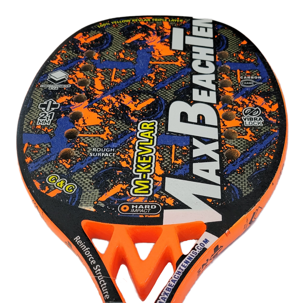 iambeachtennis BT Shop - Max Beach Tennis (MBT) Brand year 2022 BT paddle. The Racket model is a Max Beach Tennis (MBT) M-KEVLAR Advanced/Professional Beach Tennis racket - Vertical face view of the Racchetta / raquete.