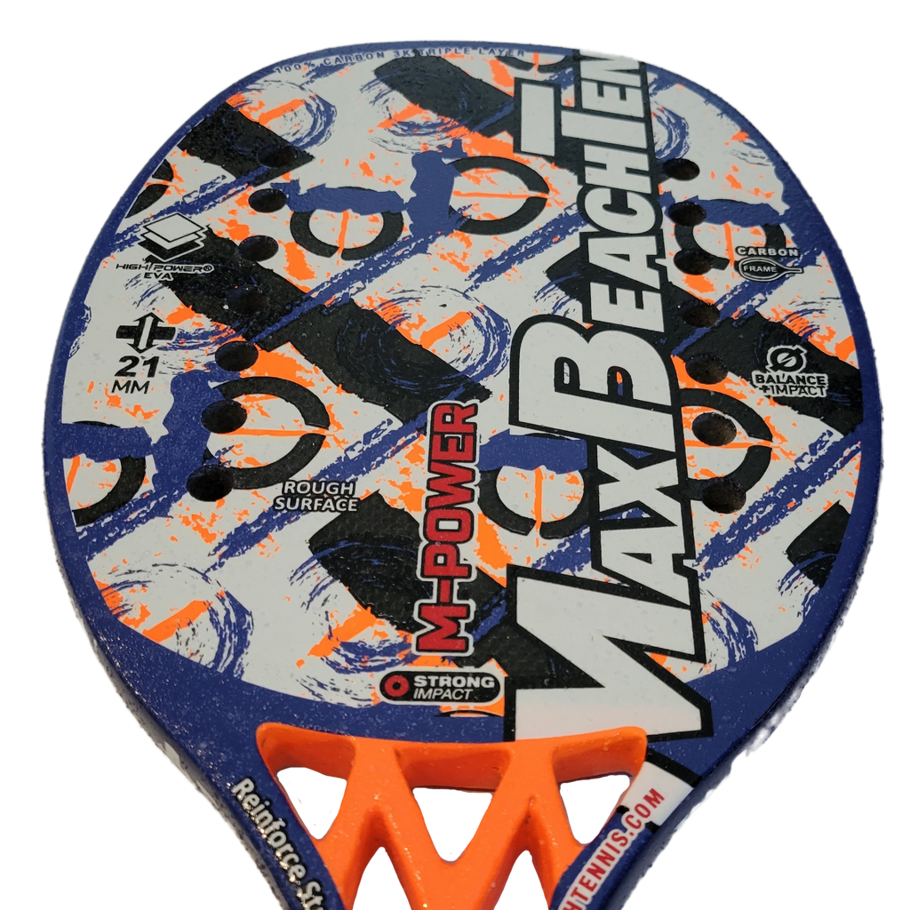 iambeachtennis BT Shop - Max Beach Tennis (MBT) Brand year 2022 BT paddle. The Racket model is a Max Beach Tennis (MBT) M-POWER Advanced/Professional Beach Tennis racket - Vertical face view of the Racchetta / raquete.