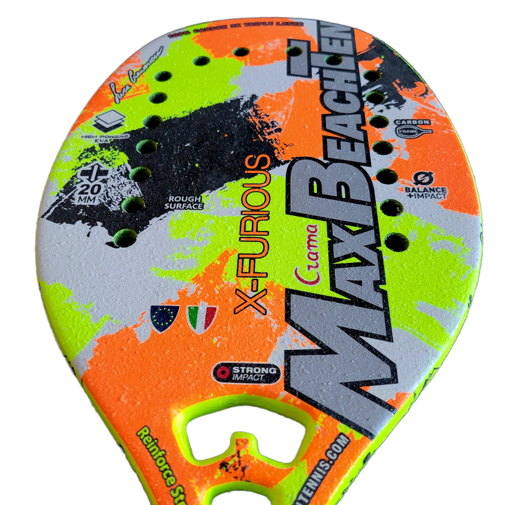iambeachtennis BT Shop - Max Beach Tennis (MBT) Brand year 2022 BT paddle. The Racket model is a Max Beach Tennis (MBT) X-FURIOUS Advanced/Professional Beach Tennis racket - Vertical face view of the Racchetta / raquete.