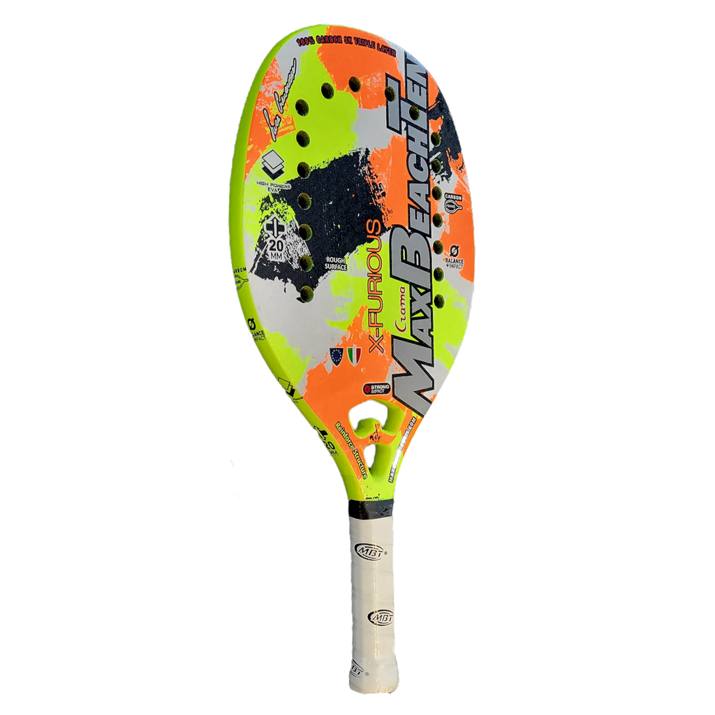iambeachtennis BT Shop - Max Beach Tennis (MBT) Brand year 2022 BT paddle. The Racket model is a Max Beach Tennis (MBT) X-FURIOUS Advanced/Professional Beach Tennis racket - Vertical side view of the Racchetta / raquete.