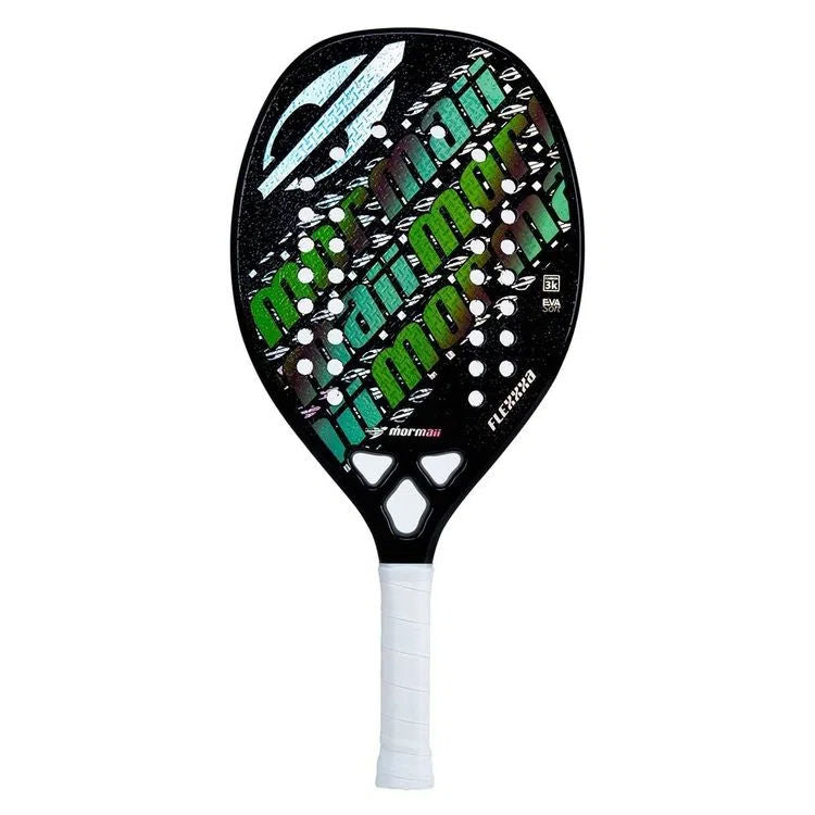 iambeachtennis BT Shop - Mormaii Brand year 2022 BT paddle. The Racket model is a Mormaii FLEXXXA Advanced and Professional/Pro Beach Tennis racket - vertical orientation view of the racket/ raquete.