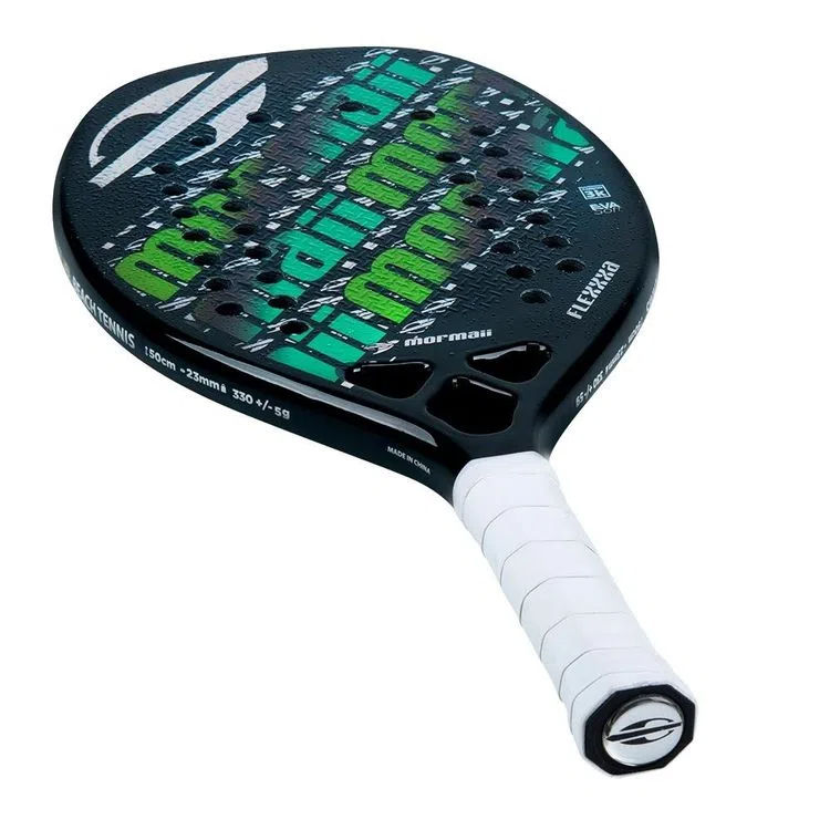 i am beach tennis boutique Store - Mormaii Brand year 2022 BT paddle. The Racket model is a Mormaii FLEXXXA Advanced and Professional/Pro Beach Tennis racket - Flat view of the racket/ raquete.