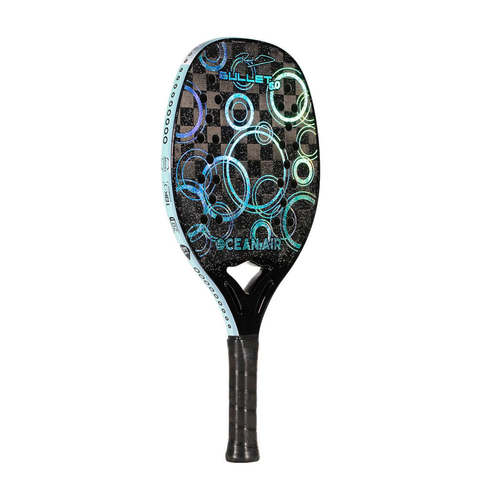 iamBeachTennis Boutique store - Ocean Air Beach Tennis Paddle, year 2023. The racquet model is a Ocean Air BULLET 5.0 Advanced/Professional beach tennis racket / raquete. Side Face view of the racket / raquet.
