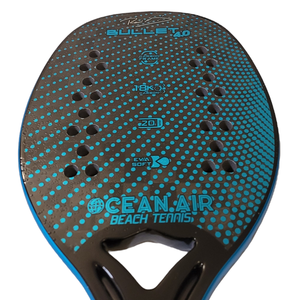 iambeachtennis BT Shop - Ocean Air Beach Tennis Brand year 2022 BT paddle. The Racket model is a Ocean Air Bullet 4 Advanced/Professional Beach Tennis racket - face view of the racket/ raquete.