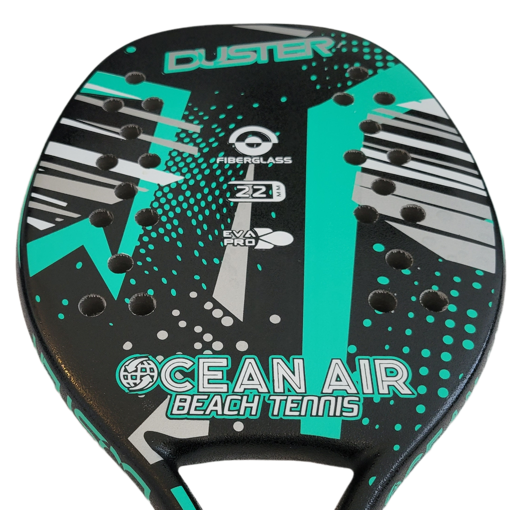 iambeachtennis BT Shop - Ocean Air Beach Tennis Brand year 2022 BT paddle. The Racket model is a Ocean Air DUSTER AQUAMARINE Beginner/Intermediate Beach Tennis racket with GLIPPER treatment - face view of the racket/ raquete.