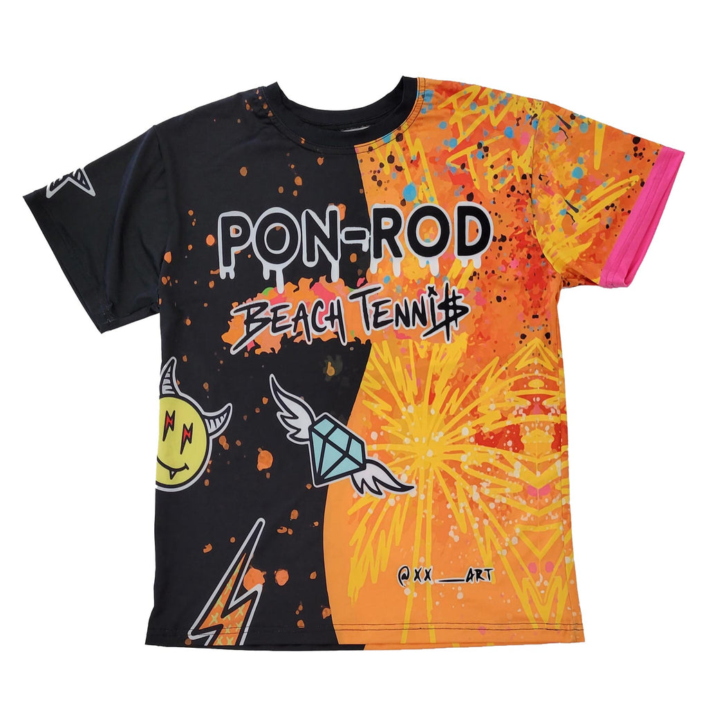 Shop i am beach tennis, PON ROD Brand Men's Beach Tennis T-shirt,  tee is orange and black.