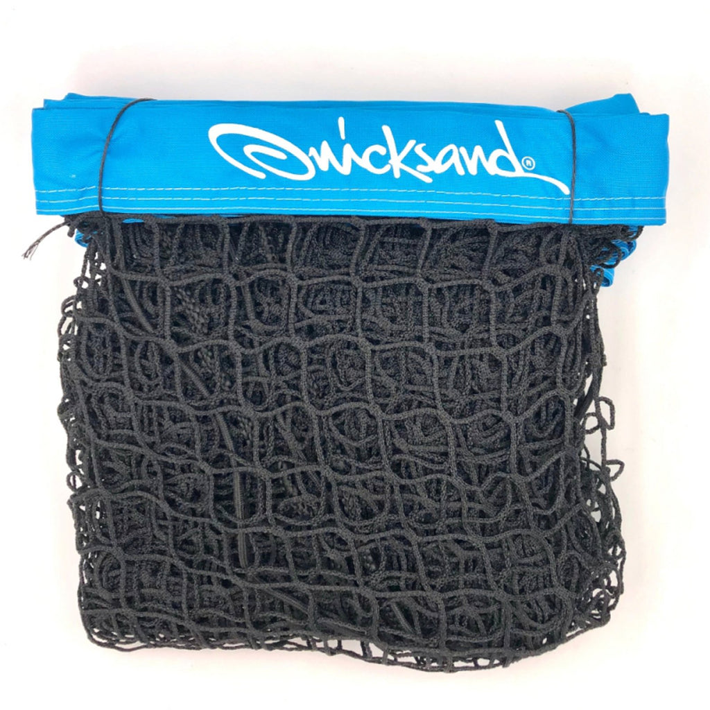 Shop Beach Tennis Nets at iambeachTennis - image of a Quicksand Beach Tennis Court Net, color Blue and black with white lettering.
