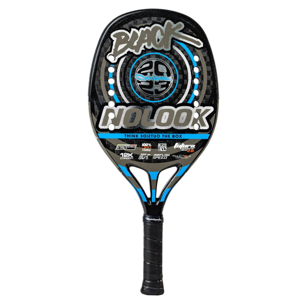 Shop "Quicksand Beach Tennis" at "I am Beach Tennis" the premier BT/Beach Tennis Store located in Miami, Florida.  Image of a Quicksand Beach Tennis/QKS 2023 NOLOOK BLACK Professional and Adanced Racket/Paddle.  Raquet/Raquete is in a vertical position.