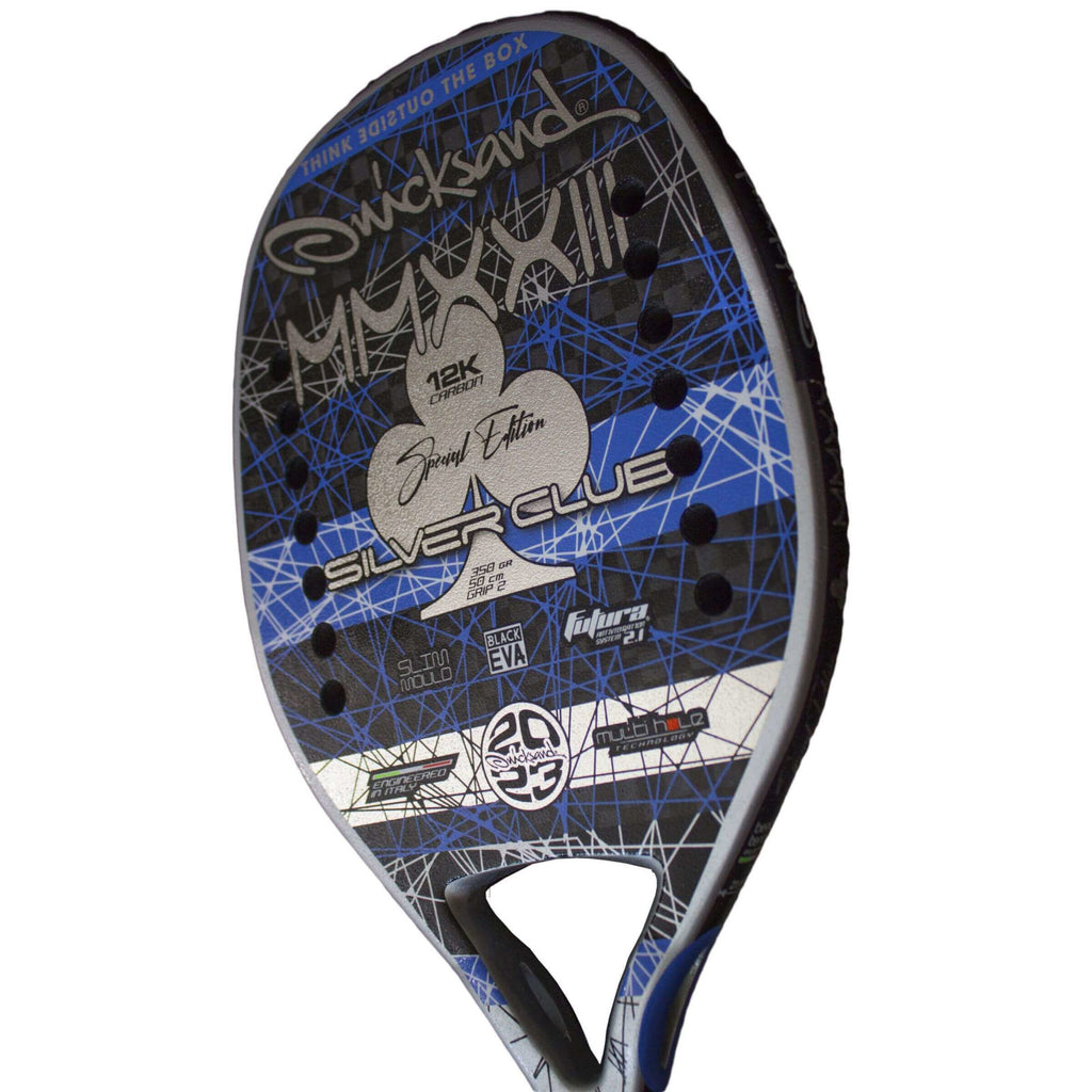 iambeachtennis a miami based store/shop presents - Quicksand Beach Tennis Brand - Racket model is Quicksand SILVER CLUB LIMITED EDITION 2023 an advanced/professional beach tennis racket/racchetta. Raquet/Raquete vertical at an angle.