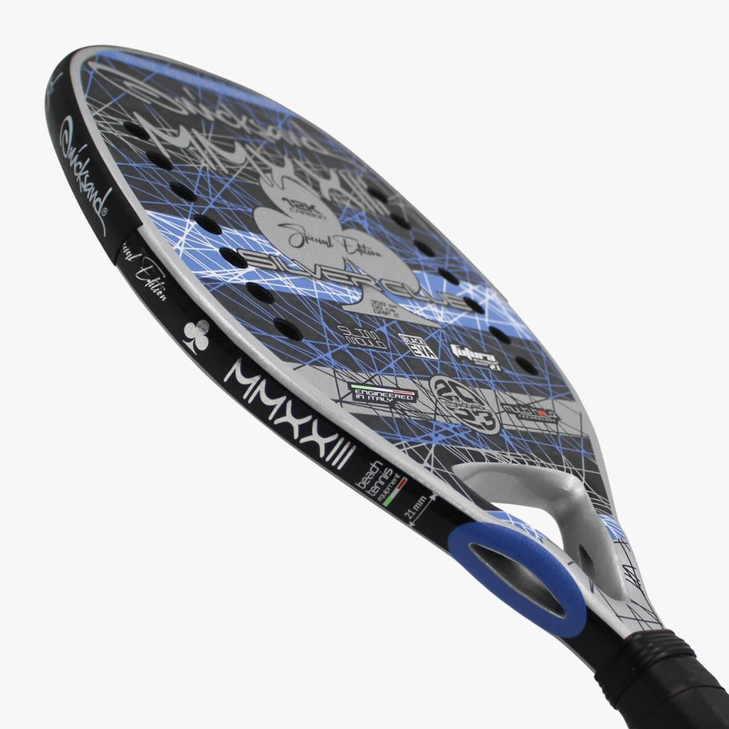 iambeachtennis a miami based store/shop presents - Quicksand Beach Tennis Brand - Racket model is Quicksand SILVER CLUB LIMITED EDITION 2023 an advanced/professional beach tennis racket/racchetta.  Raquet/Raquete is in a left facing orientation 