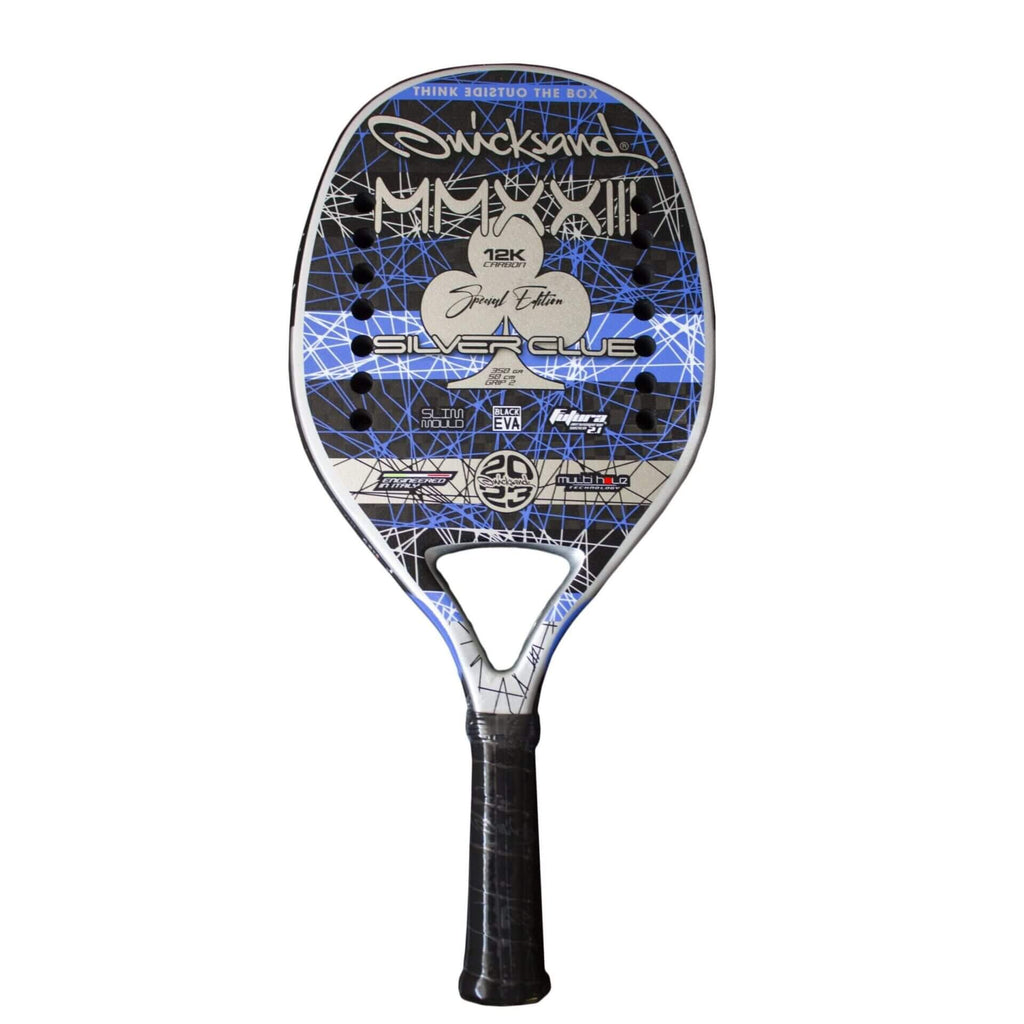 Shop "Quicksand Beach Tennis" at "I am Beach Tennis" the premier BT/Beach Tennis Store located in Miami, Florida.  Image of a Quicksand Beach Tennis/QKS 2023 SILVER CLUB LIMITED EDITION Professional and Adanced Racket/Paddle.  Raquet/Raquete is in a vertical position.