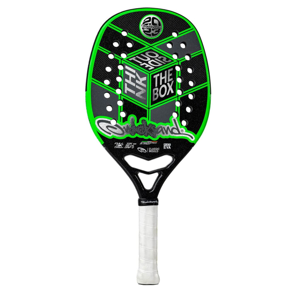 Shop "Quicksand Beach Tennis" at "I am Beach Tennis" the premier BT/Beach Tennis Store located in Miami, Florida.  Image of a Quicksand Beach Tennis/QKS 2023 THE BOX Professional and Adanced Racket/Paddle.  Raquet/Raquete is in a vertical position.