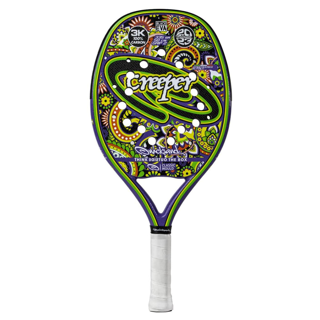 Shop "Quicksand Beach Tennis" at "I am Beach Tennis" the premier BT/Beach Tennis Store located in Miami, Florida.  Image of a Quicksand Beach Tennis/QKS 2023 Creeper Professional and Adanced Racket/Paddle.  Raquet/Raquete is in a vertical position.