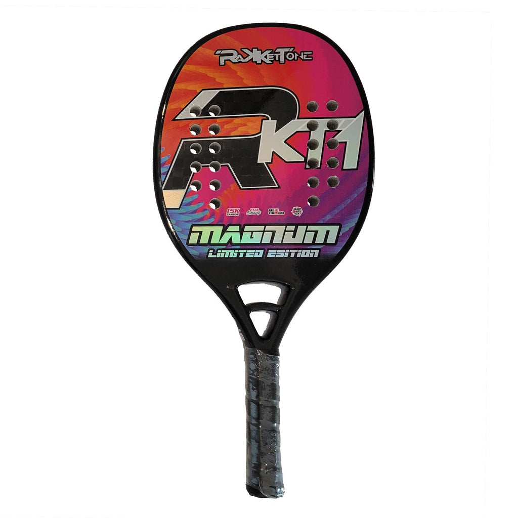 i am Beach Tennis store - Rakkettone Beach Tennis Paddle, year 2022. The racquet model is a Rakkettone MAGNUM Limited Edition Advanced/Professional beach tennis   racket / raquete.  Vertical orientation view of the racket / raquet.