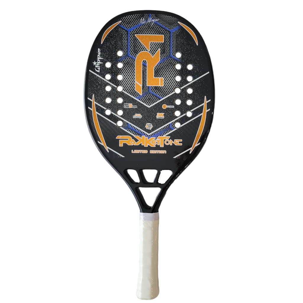 i am Beach Tennis depot store - Rakkettone Beach Tennis Paddle, year 2022. The racquet model is a Rakkettone R1 Limited Edition Advanced/Professional beach tennis   racket / raquete.  Vertical orientation view of the racket / raquet.