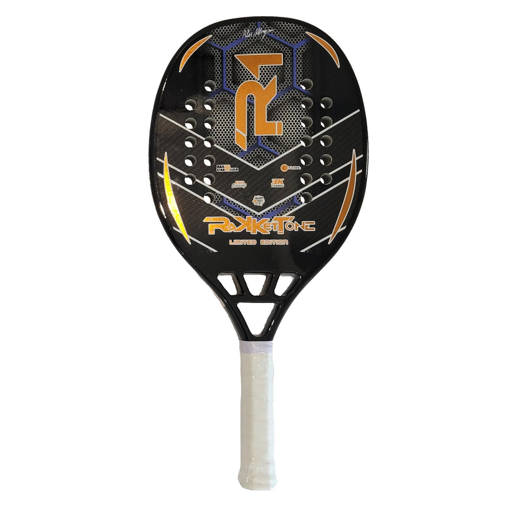 i am Beach Tennis store - Rakkettone Beach Tennis Paddle, year 2022. The racquet model is a Rakkettone R1 Limited Edition Advanced/Professional beach tennis   racket / raquete.  Vertical orientation view of the racket / raquet.