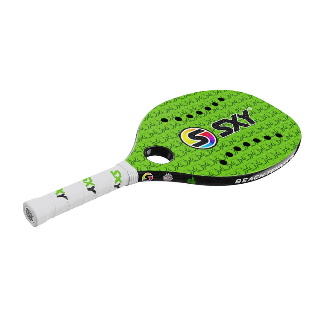 iam beachtennis online wharehouse store - Sexy Brand Beach Tennis Paddles - Racket model is Sexy Green Hex GT a Beginner / Intermediate beach tennis racket/racchetta. Raquet/Raquete is in a flat right orientation