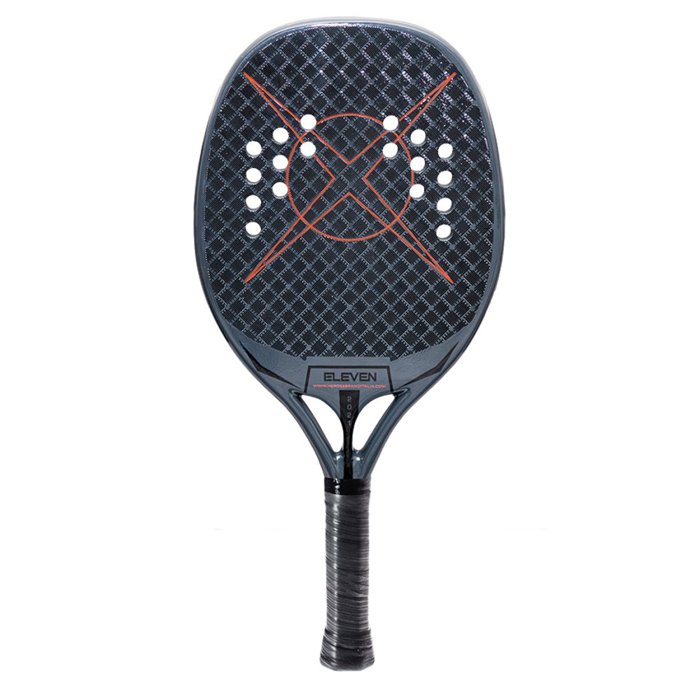 iamBeachTennis online store - Heroe's Brand Italia Beach Tennis Paddle, year 2021. The racquet model is a Heroes BT #ELEVEN   Advanced/Professional beach tennis racket / raquete.  Vertical view of the racket / raquet.