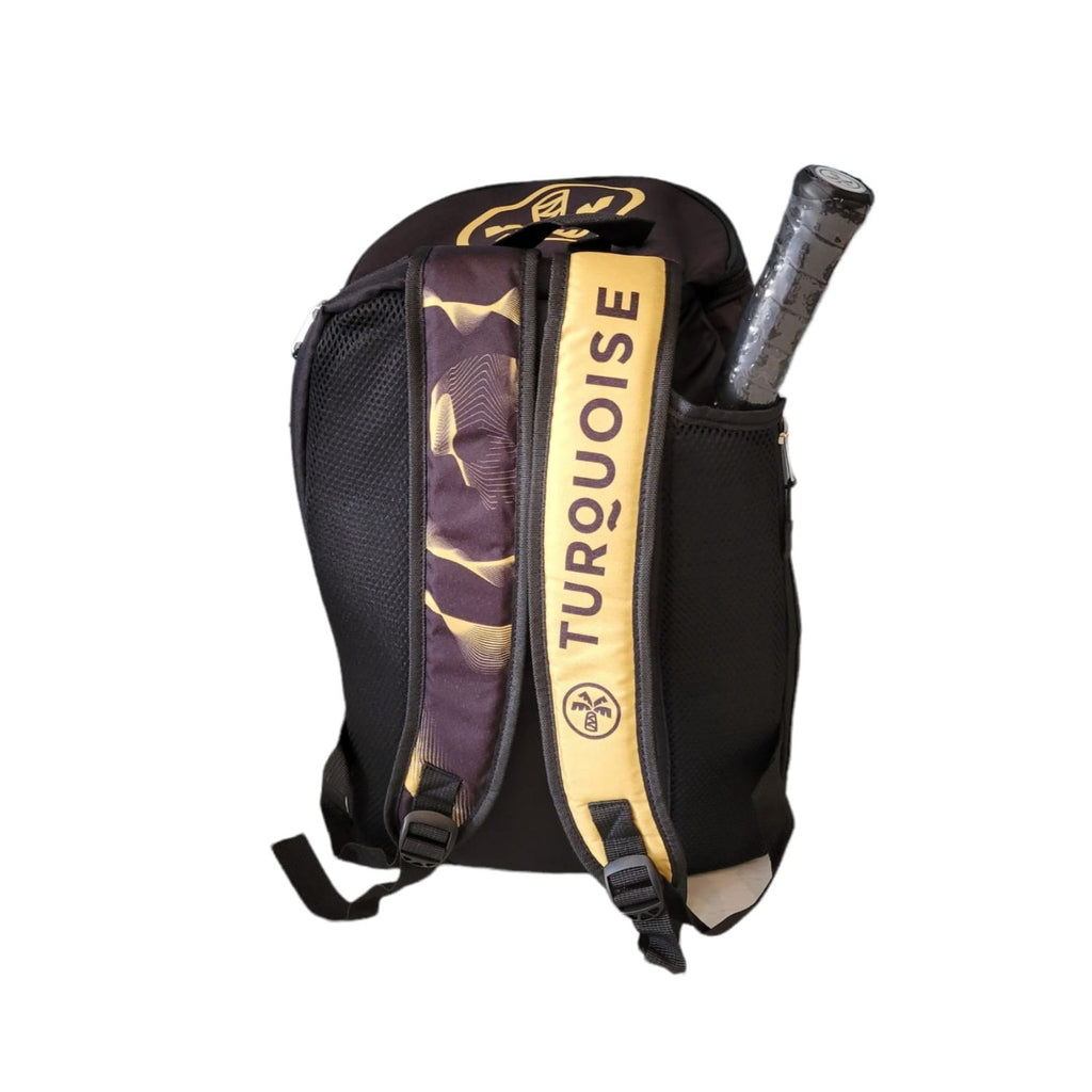 i am Beach Tennis Presents, Turquoise Beach Tennis Paddle Racket BackPack in Black and Gold - Back of backpack shown.