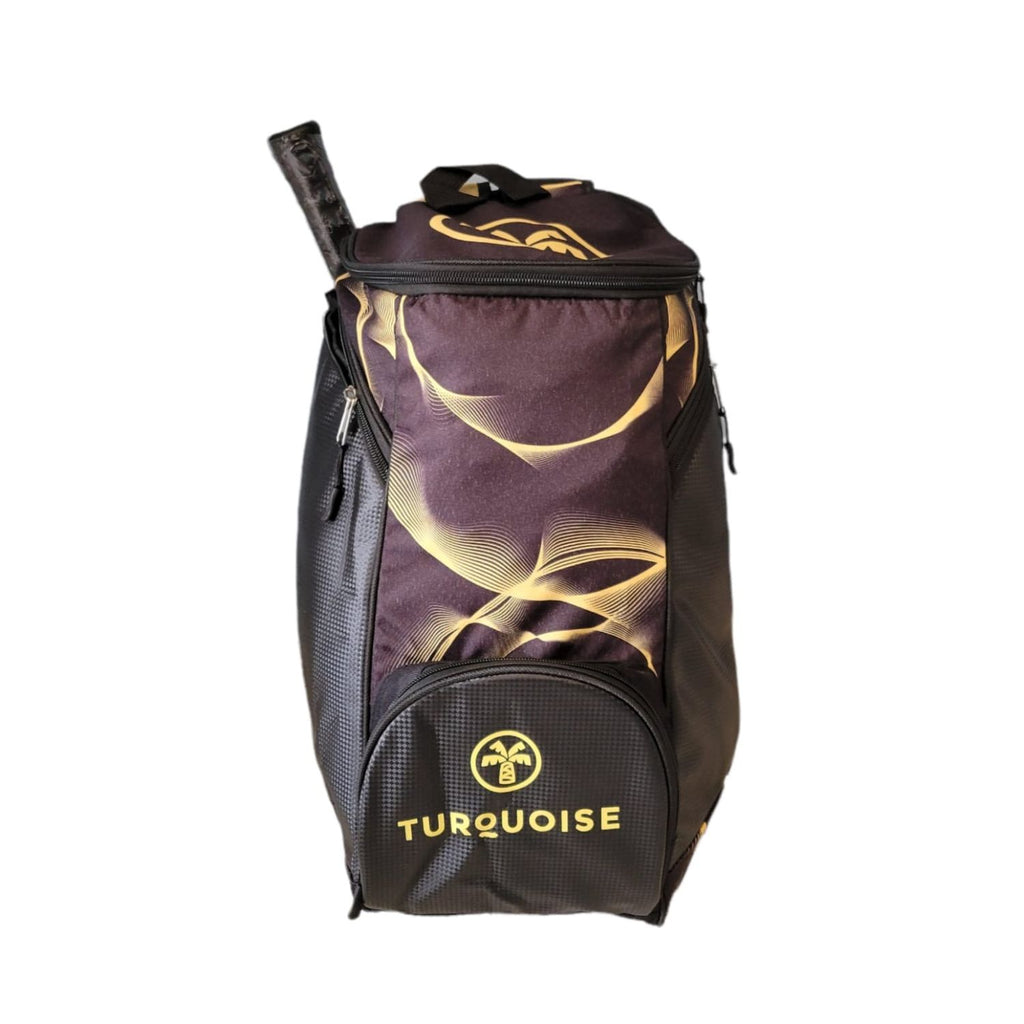 i am Beach Tennis Presents, Turquoise Beach Tennis Paddle Racket BackPack in Black and Gold - Front of backpack shown.