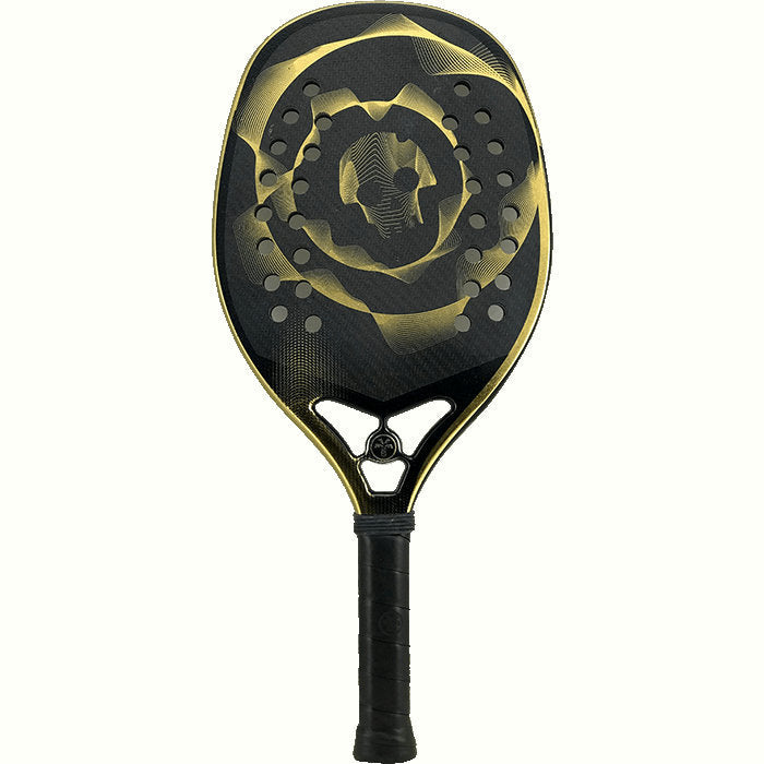 iambeachtennis BT Shop - Turquoise Beach Tennis Brand year 2022 BT paddle. The Racket model is a Turquoise BLACK DEATH 10.3 GOLD Advanced/Professional Beach Tennis racket - vertical orientation view of the racket/ raquete.