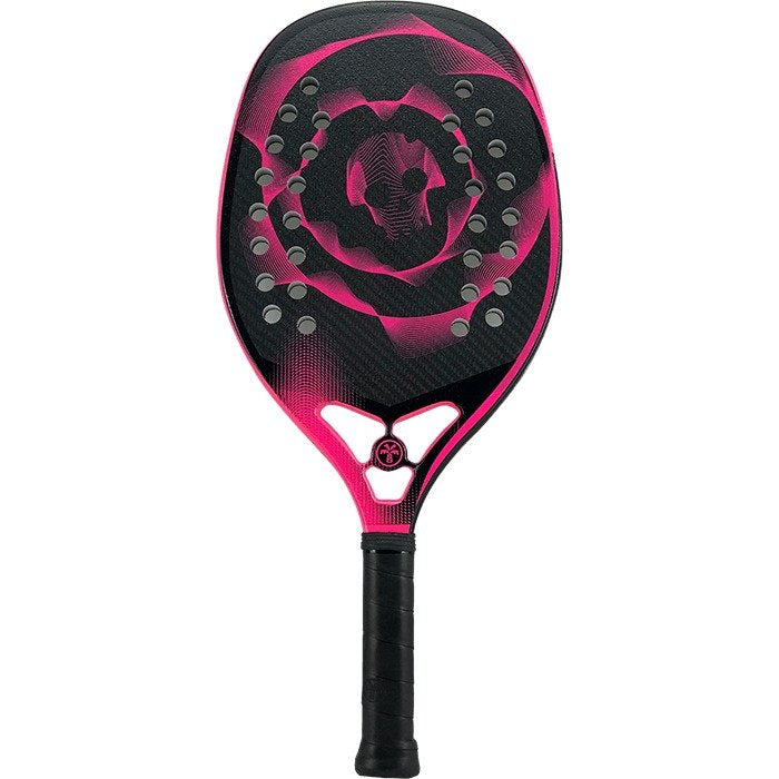iambeachtennis BT Shop - Turquoise Beach Tennis Brand year 2022 BT paddle. The Racket model is a Turquoise BLACK DEATH 10.3 PINK/CORAL Advanced/Professional Beach Tennis racket - vertical orientation view of the racket/ raquete.